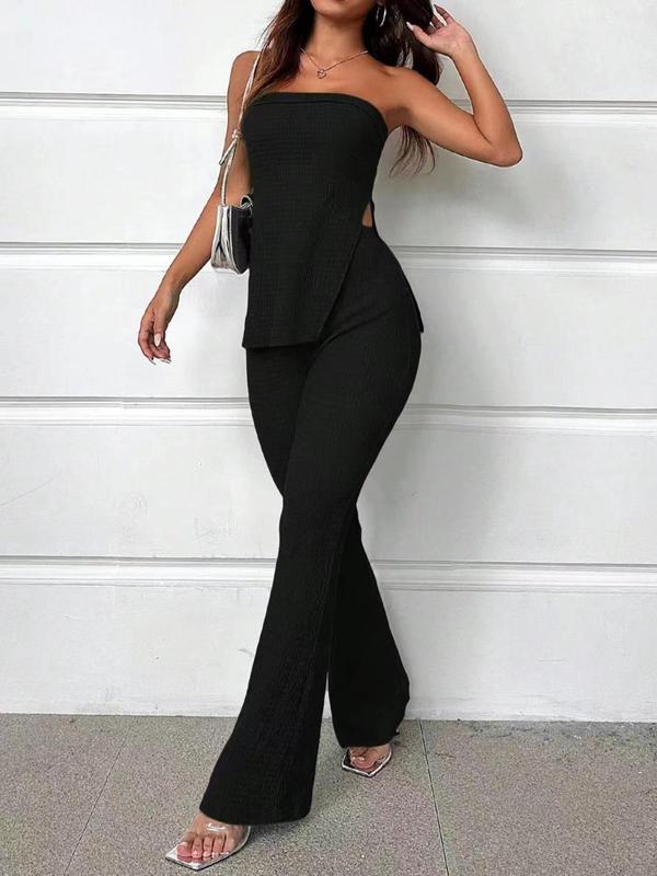 Two-Piece Set Women's Solid Split Hem Strapless Tube Top & High Waist Pants Set, Elegant Fashion Casual Two Piece Outfits for Daily Outdoor Wear, Ladies Clothes for Summer Womenswear