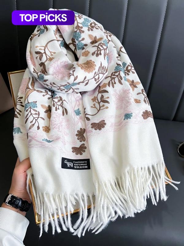 Boho Style Plant Embroidery Double Sided Paisley Scarf, Casual Soft Warm Fringe Trim Floral Embroidered Shawl for Women & Men, Fashion Accessories for Daily Wear