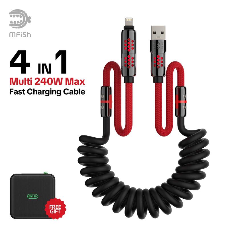 mfish Armored Dragon AD8 4-in-1 Coiled USB C Charging Cable, Max 240W Fast Charging & Data Sync for iPhone, iPad & Samsung