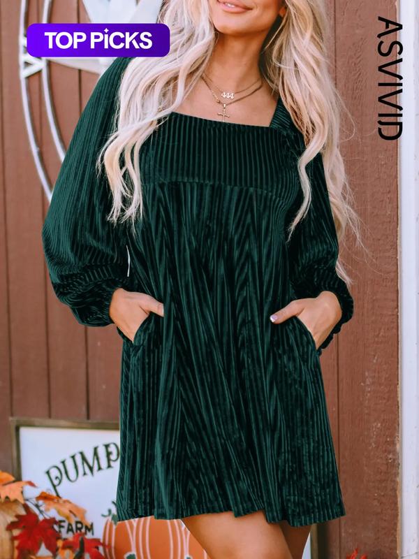 Women's Plain Bishop Sleeve Tie Back Square Neck Dress, Elegant Style Long Sleeve A Line Short Dress for Party Holiday Wedding Guest, Ladies Clothes for Winter