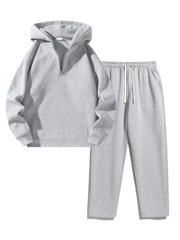 Men's Plain Two-piece Sweatsuit Set, Basic Regular Fit Casual Drop Shoulder Half Zip Zippers Long Sleeves Fitted Hoodie & Pocket Drawstring Elastic Sweatpants, Men's Clothing