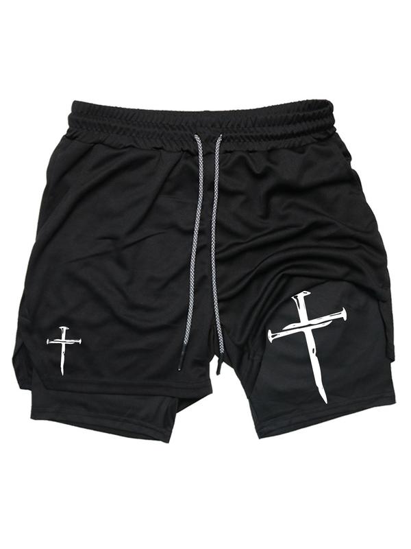Men's Cross Print Drawstring Waist 2-in-1 Sports Shorts, Athleisure Shorts, Regular Fit Breathable Quick Drying Pocket Shorts, Summer Bottoms for Gym Workout Running, Athletic Wear Shorts, Shorts With Pocket, Shorts Sportswear