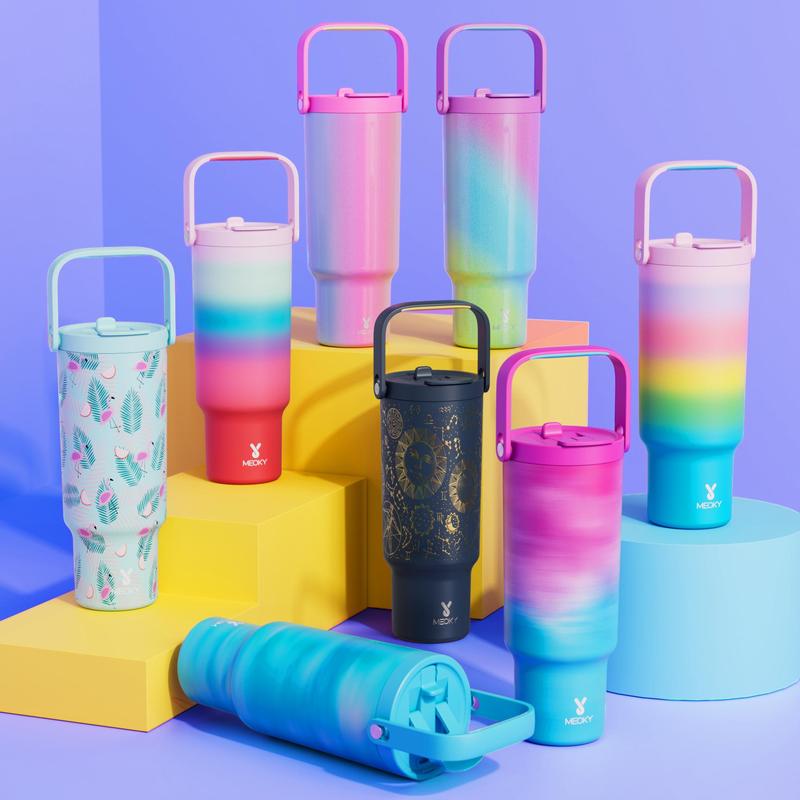 ãMeokyã32oz&40oz Double-mouth Handle Tumbler, Direct Drinking Mouth and Straw Mouth, Replaceable Plastic Handle & Braided Handle, Leak-proof Insulated Cup Lid, Travel Accessories, Halloween Gifts, Vacuum Insulated Flask, Drinkware #GLOBAL PICKS