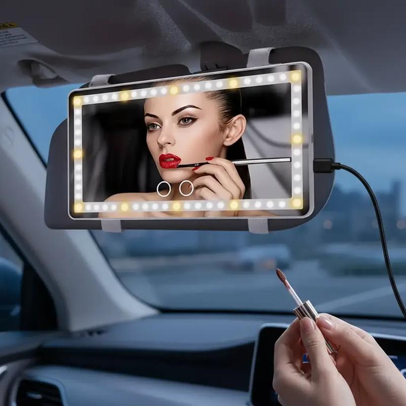 Car Sun Visor Vanity Mirror, USB Rechargeable Makeup Mirror with LED Light, Rear View Sun-shading Cosmetic Mirror with 3 Modes for Girls, Car Interior Accessories
