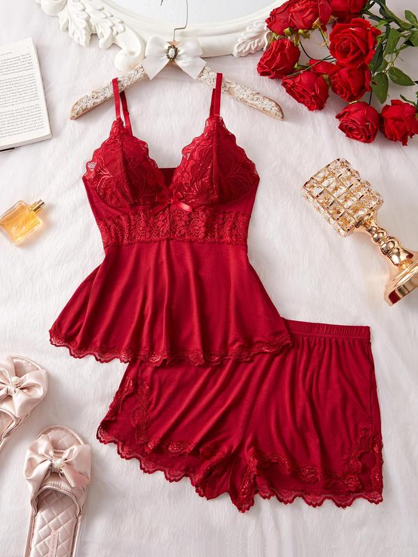 Women's Solid/Leopard Print Spaghetti Strap Cami Top & Lace Trim Shorts Pyjama Two-piece Set, Casual Comfy Fitted Camisole & Shorts PJ Set, Ladies Breathable Sleepwear Lingerie for All Seasons