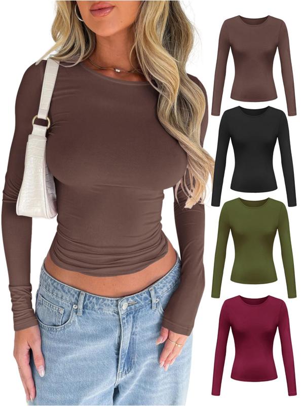 Women's Solid Color Simple Minimalist Long Sleeve Round Neck Tee, Slim-Fitting Casual Crew Neck T-Shirt for Spring & Fall, Fashion Women's Top for Daily Wear