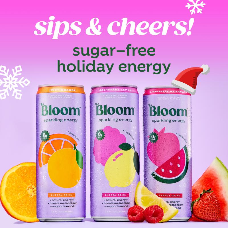 Bloom Sparkling Energy Drink - Natural Caffeine, Zero Sugar, 180mg Caffeine - Antioxidant-Rich with Green Coffee Bean, Green Tea Extract, Prebiotics, 12oz 12 Pack