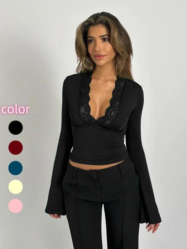 Women's Contrast-Lace Plunge-Neck Flounce-Sleeve Fitted Tee, Elegant Feminine Long-Sleeve Top for Spring & Fall, Women's Clothes for Daily Wear, Womenswear