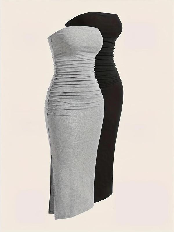 Women's Plain Ruched Split Hem Knitting Bodycon Strapless Sleeveless Tube Dress, Casual Bandeau Dress for Daily Outdoor Wear, Sun Dresses, Summer Womenswear Dresses for Women, Casual Dress Style