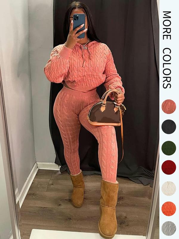 Women's Minimalist Textured Long Sleeve Crop Hooded Sweater & High Waist Skinny Fitted Pants Set, Casual Cozy Chic Ladies' Knitwear, Basic Womenswear Outfit