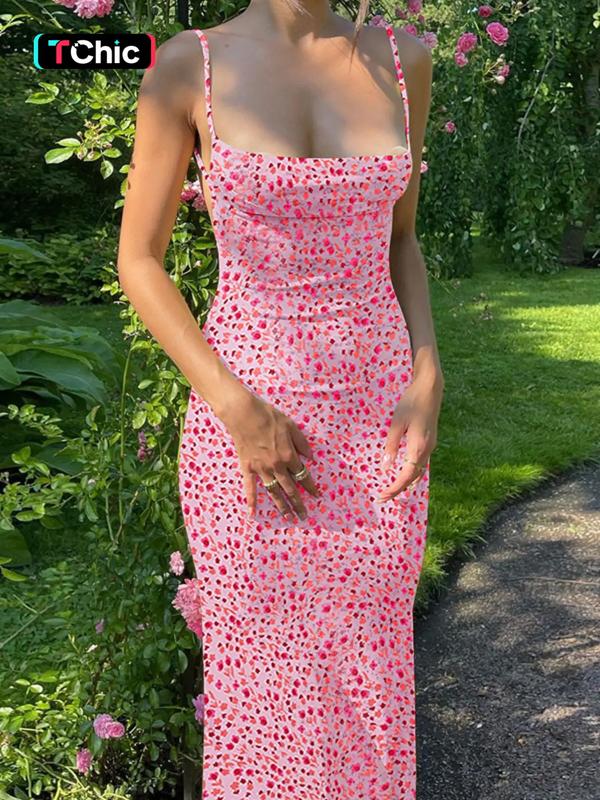 Women's Ditsy Floral Print Backless Sleeveless Cami Spaghetti Strap Dress, Summer Clothes Women, Boho Style Womenswear Maxi Dress for Summer Holiday Vacation Party, Ladies Dress for Beach, Summer Outfits, Casual Wear, Bohemian, Boho Fashion Dress