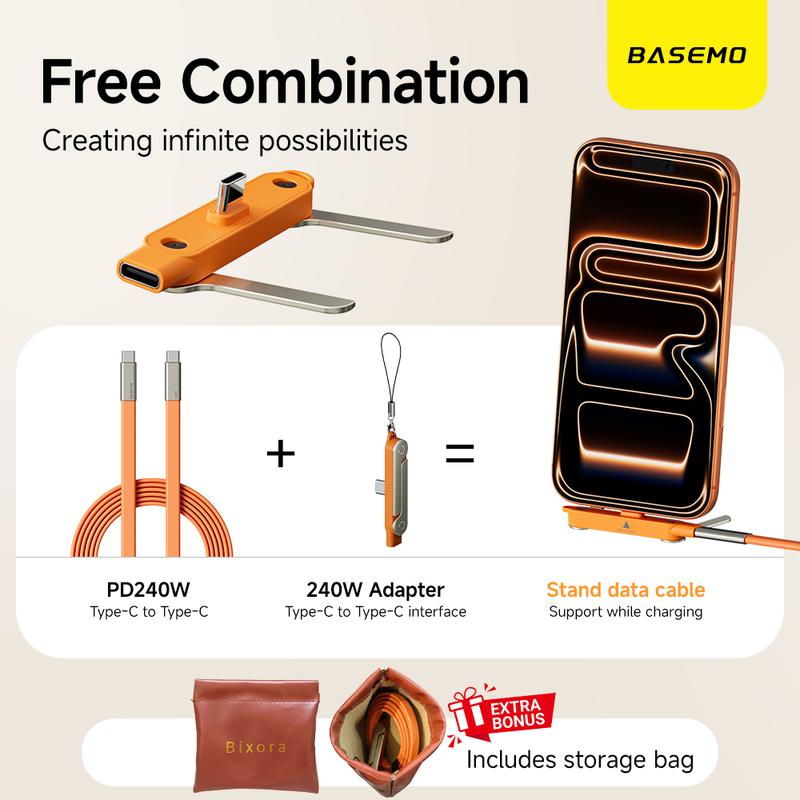Basemo 240W SuperCharge 360° Rotating Invisible Stand Detachable 2-in-1 Charging Cable, Zinc Alloy Silicone Type-C Cable, Compatible with Apple and Samsung, Essential for Gaming, Office and Car Use | Single Head, Set.extend Charger Smartphone