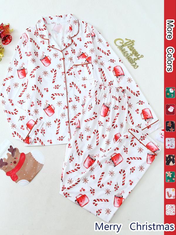 Two-piece Set Women's Loungewear All Over Print Lapel Neck Button Front Pajama Set, Long Sleeve Pocket Top & Elastic Waist Pants Pj Set, Valentine's Day Gift for Girl