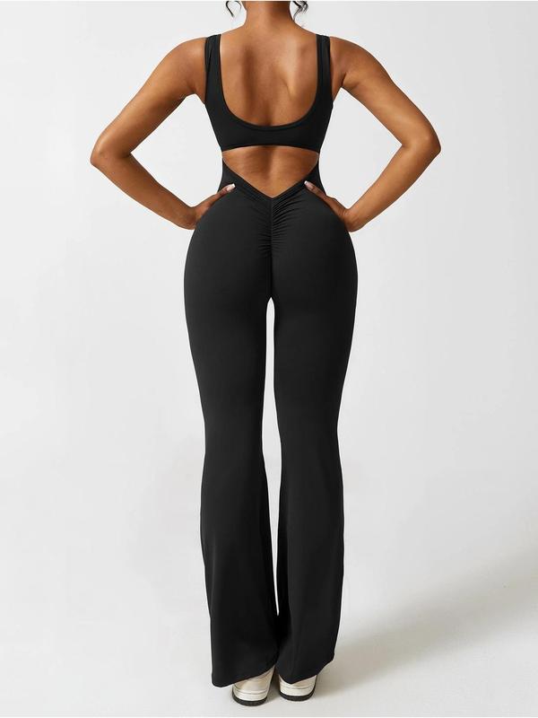 Women's Plain Cut Out Flare Leg Sports Tank Jumpsuit, Sporty Backless Square Neck Jumpsuit for Yoga Gym Workout, Summer Outfits 2024, Ladies Sportswear for Summer