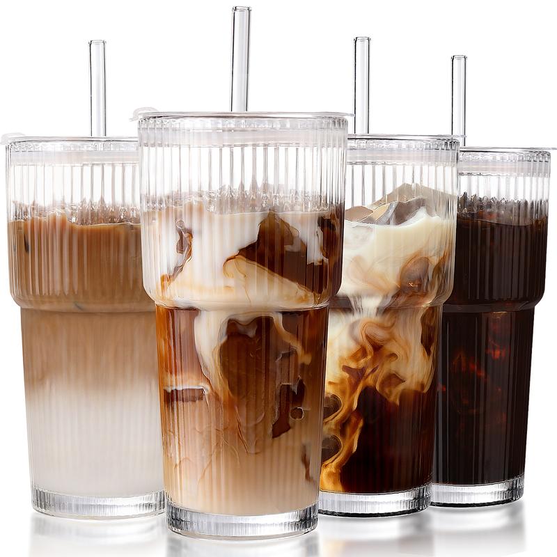 MHDCLY 20oz Ribbed Glass Tumblers Set of 2/4 with Lids & Straws Durable Reusable Leak-Proof Travel-Ready for Iced Coffee Smoothies Juice Cocktails Washable Stylish Drinkware