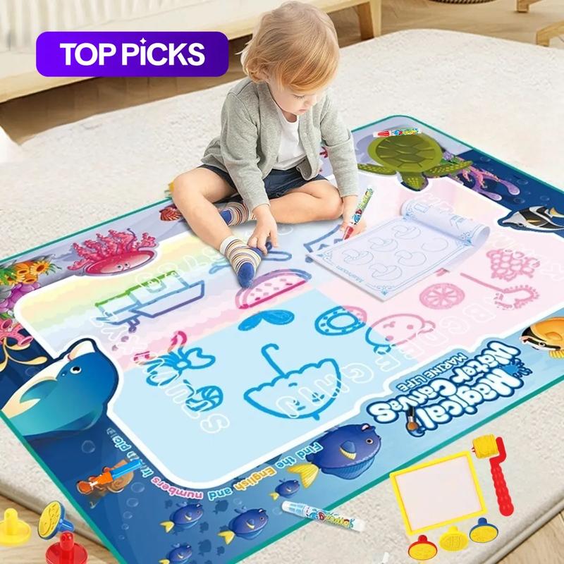 Educational Cute Cartoon Magic Water Canvas Drawing Mat, Large Absorbent Watercolor Painting Mats with Accessories Kit, Watercolor Paint Brushes, Ideal Birthday Gift for Fun Play #GLOBAL PICKS
