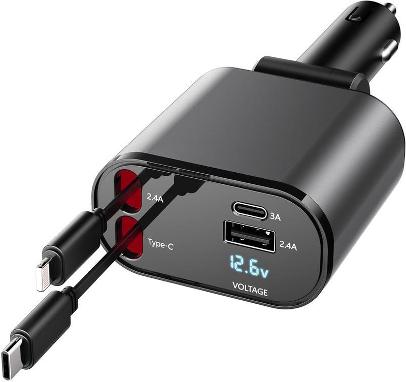 4 in 1 Retractable Car Charger, USB C Fast Charging Adapter[Max100W] with Lightning Cable&Dual Charge Port Compatible with iPhone/iPad/AirPods,Samsung