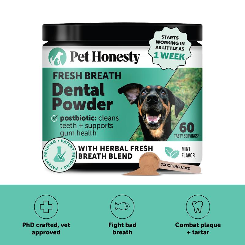 Pet Honesty Dental Powder, Breath Freshener and Teeth Cleaning Dental Care for Dogs, Plaque Tartar Remover with Natural, Clinically Studied Postbiotic - 30 Scoops