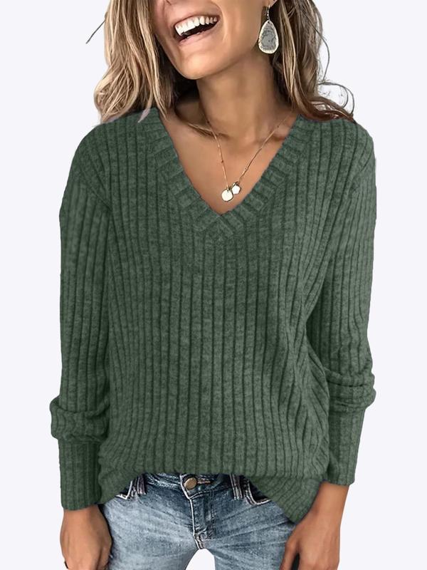 Women's Plain Soft Drop Shoulder V Neck Tee, Casual Long Sleeve Top for Spring & Fall, Fashion Chic Women's Clothes for Daily Wear