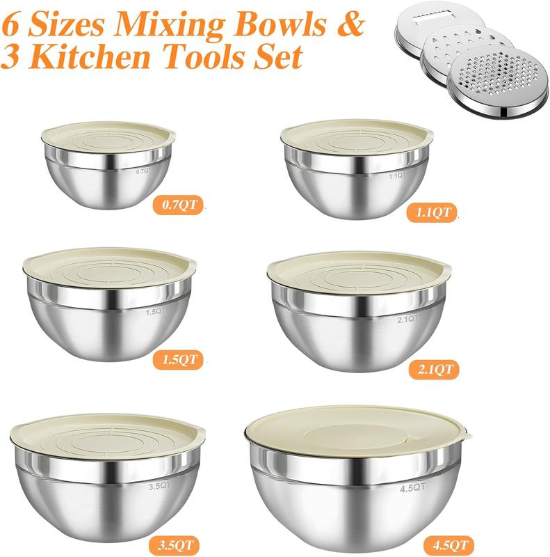 6 Piece Mixing Bowl with Lids Set,Stainless Steel Storage Bowls Kitchen,3 Grinder Attachments,Tableware Food Organizer Nesting Bowls Cooking Baking Airtight Kitchenware