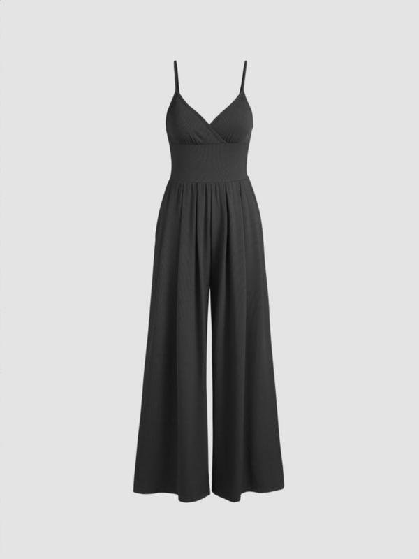 Women's Solid Plicated Ribbed Fitted Wide Leg Cami Jumpsuit, Summer Outfits 2024, Casual Sleeveless Spaghetti Strap High Waist Jumpsuit for Daily Wear, Womenswear