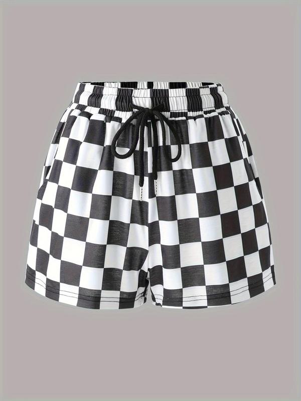 Women's Plaid Checkerboard Print Drawstring Adjustable Waist Fitted Statement Shorts, Chic Casual Pocket Shorts for Summer, Women's Bottoms for Daily Wear, Everyday