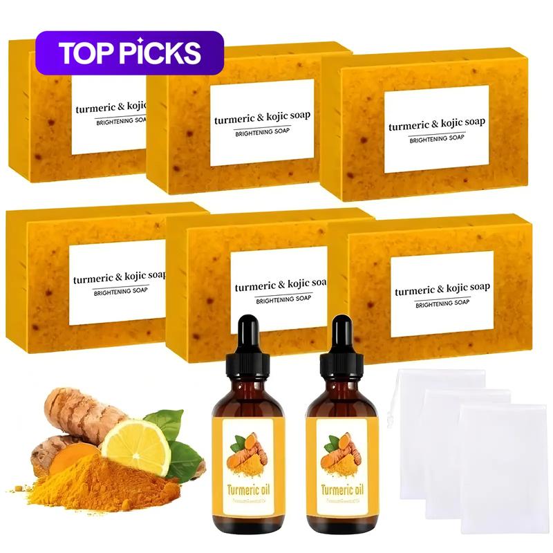 Turmeric Soap & Essential Oil Set, Turmeric Cleansing Soaps, Including 6 Counts Turmeric Soap & 2 Counts Essential Oil & 3 Counts Soap Saver, Daily Skin Care Set for Men & Women #GLOBAL PICKS