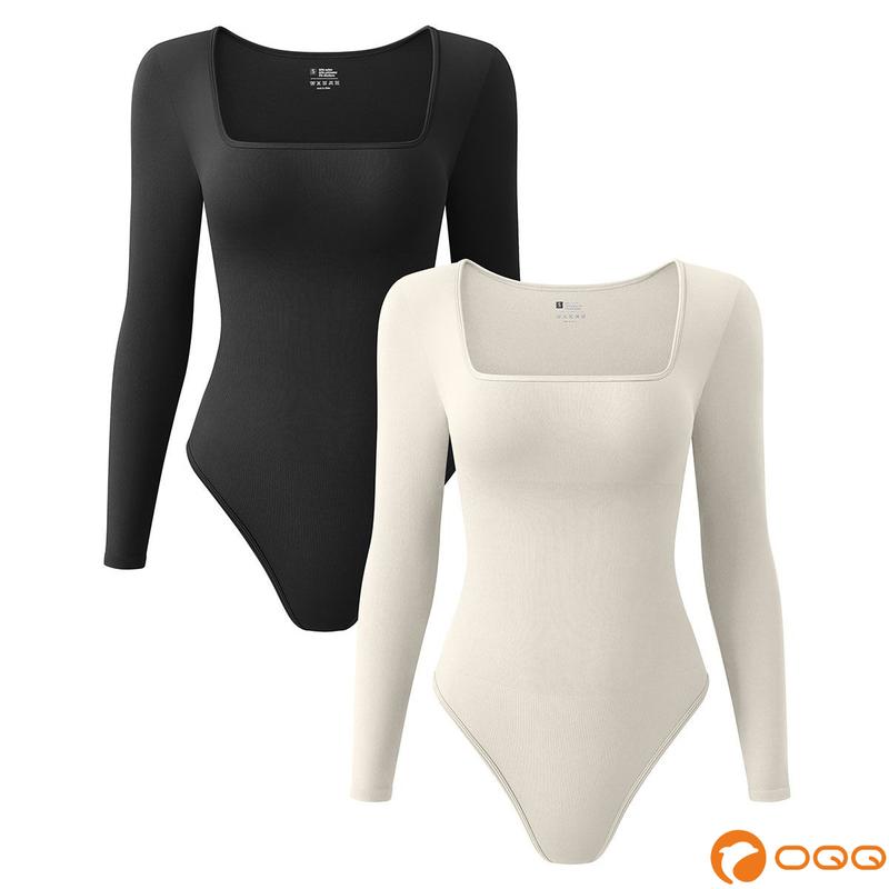 OQQ Womens 2 Piece Bodysuits Long Sleeve Square Neck Stretch Fitted Bodysuits Basic Summervibes