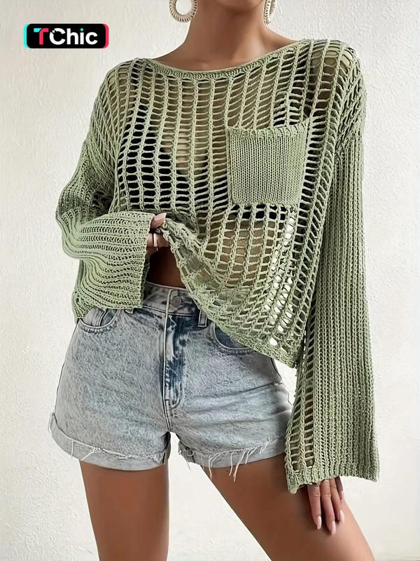 Women's Solid Pocket Hollow Out Round Neck Sweater, Casual Drop Shoulder Long Sleeve Jumper for Spring & Fall, Summer Outfits 2024, Women's Knitwear for Daily Wear