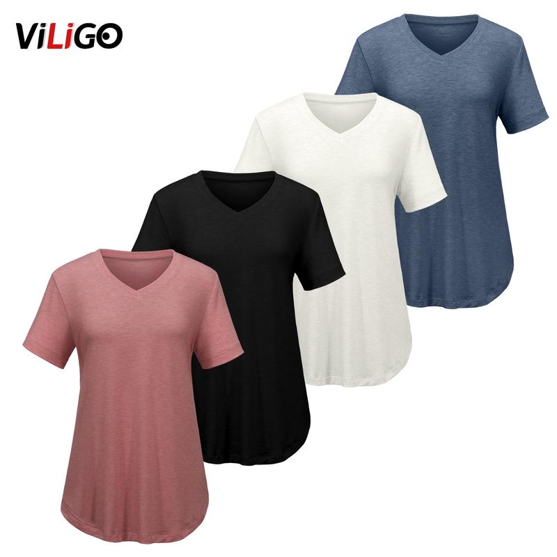 VILIGO 4 Pack V Neck T Shirts for Women Short Sleeve Shirts Basic Casual Tees Loose Fit Plus Size Tops Plain Summer Clothes Minimalist