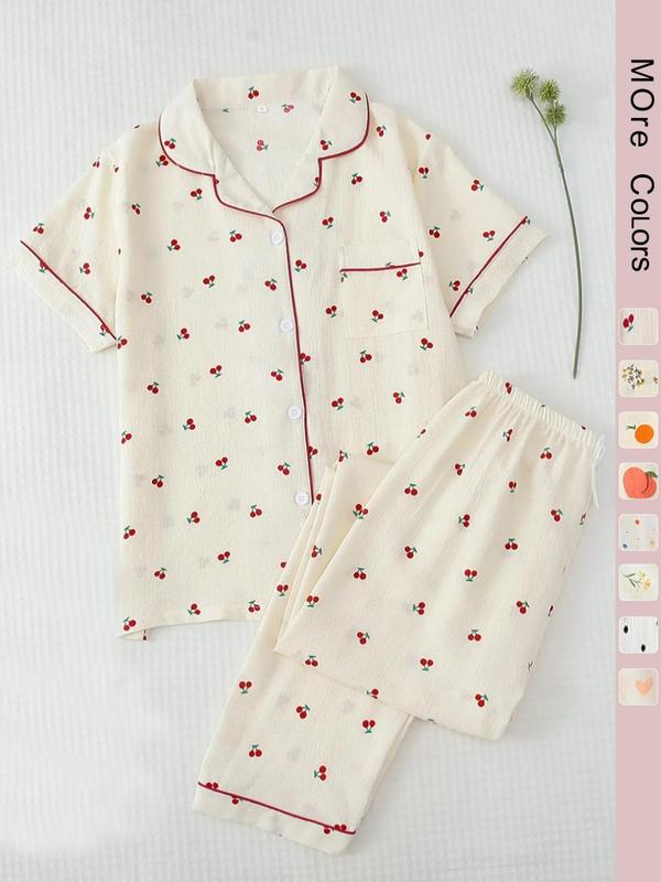 Two-Piece Set Women's All Over Print Pajama Set, Button Front Short Sleeve Shirt & Elastic Waist Pants Lounge Co-ord Set, Casual, Soft Sleepwear Loungewear, Summer Outfits 2024, Lady Summer Homewear, Loungewear