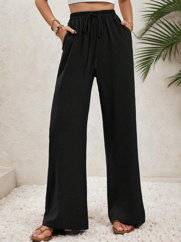 Women's Solid Color Ice-Silk Wide-Leg Casual Pants, Loose Lightweight Elastic Drawstring Trousers for Spring, Summer and Autumn, New Arrival, Sizes S–XXL