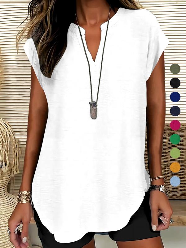 Women's Plain Notched Neck Fitted Blouse, Shirts, Casual Fashion Fitted Classy Elegant Minimalist Basic Top for Summer, Ladies Clothes for Daily Wear, Womenswear