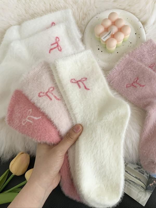 Women's Winter Socks Set, 5 Pairs Faux Fur Butterfly Knot Design, Cute Bow Detail, Cute Sweet Mid-Calf Sleepwear Warm Thickened Soft Comfy Socks for Women