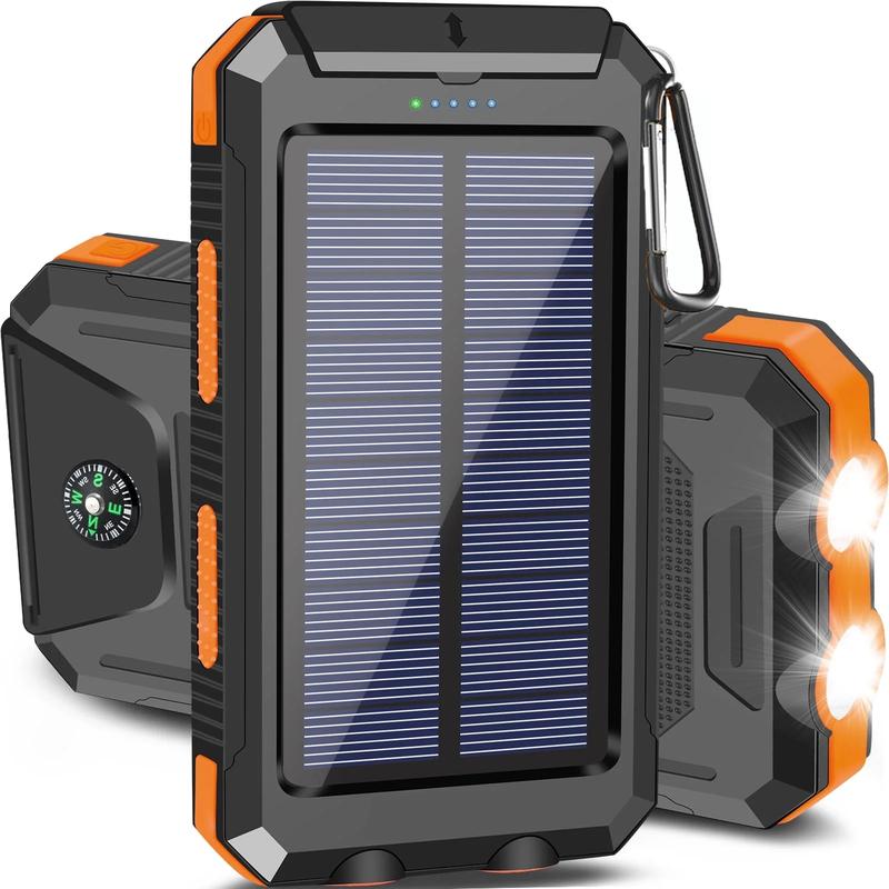 20000mAh Portable Solar Charger Power Bank with LED Flashlight - Dual USB-A Output, Waterproof Outdoor Design with Compass & Carabiner for Phone Android fathersdaygift