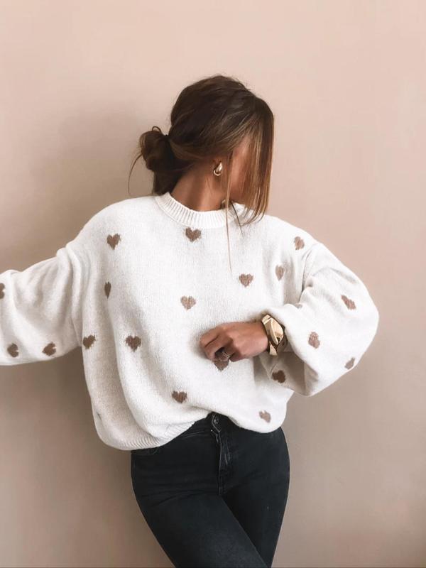 Women's All Over Heart Print Drop Shoulder Sweater, Casual Long Sleeve Round Neck Jumper for Fall & Winter, Fashion Ladies' Knitwear for Everyday Wear Tops