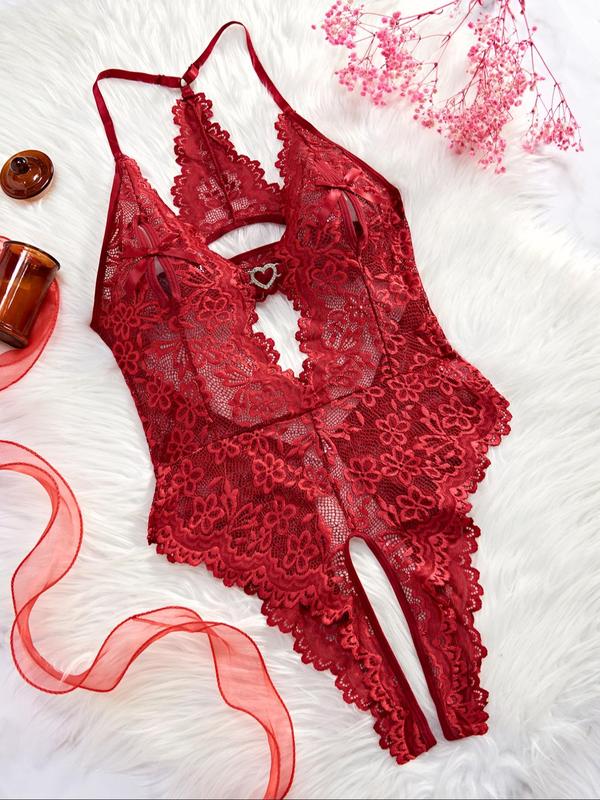 Women's Floral Lace Scalloped Trim Cut-Out Sheer Crotchless Fitted Lingerie Underwear, Bow-Front Rhinestone Heart Decor Sleeveless Bodysuit, Sexy Summer Lingerie for Women
