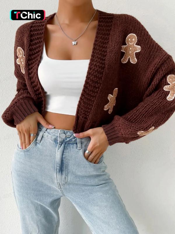 Women's Cartoon Print Drop Shoulder Cardigan, Casual Fit Long Sleeve Open Front Knitwear Fabric for Fall, Valentine's Day Gift for Girl, Women's Knit Clothing for Daily Wear, Womenswear Knitting Style, Piece