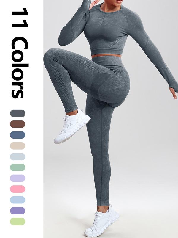 Women's Solid Tracksuit Set, Long Sleeve Round Neck Crop Top & High Waist Leggings Set, Summer Outfits 2024, Fashion Comfy Ladies Sports Clothing Set for Running Gym, Sweatsuit Sets, Workout Running Clothes