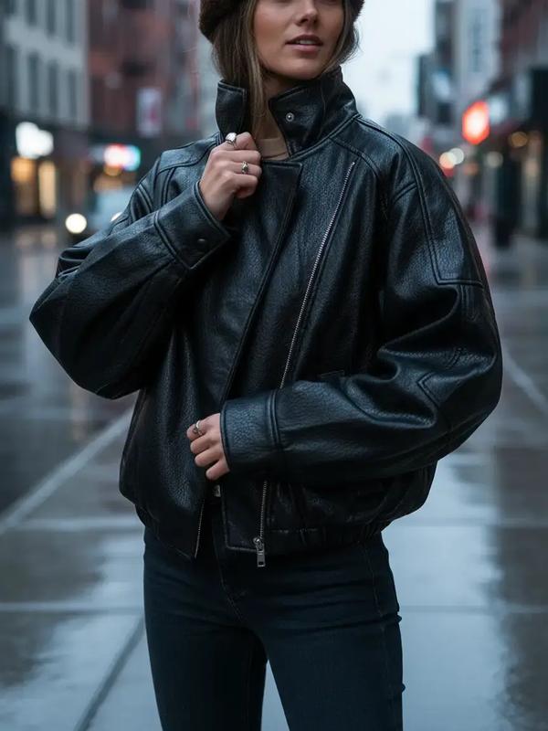 Faux Leather Stand Collar Oversized Moto Jacket Motorcycle Jacket, Elastic Hem Streetwear, Casual Long Sleeve Water- and Wind-Resistant Outerwear for Spring & Fall, Ladies Clothes for Daily Wear, Chic Outerwear, Womenswear Coats