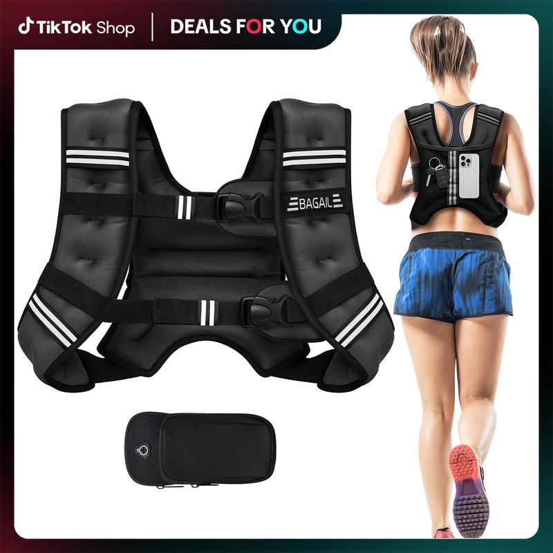 【SummerVibes】BAGAIL Weighted Vest, 5lbs/8lbs/10lbs/12lbs/15lbs/20lbs/25lbs/30lbs Weight Vest with Detachable Phone Pouch, Rucking Vest for Women, Men, Walking, Training, Running Summervibes