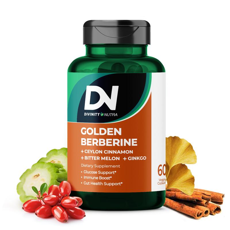 DN 4-in-1 Golden Berberine Supplement 1500mg, Glucose Support, Detox Gut Cleanse with Ceylon Cinnamon Bitter Melon Ginkgo, Support Gut Health, Metabolism, Wellness, Divinity Nutra Fitness Dietary Edible Healthcare