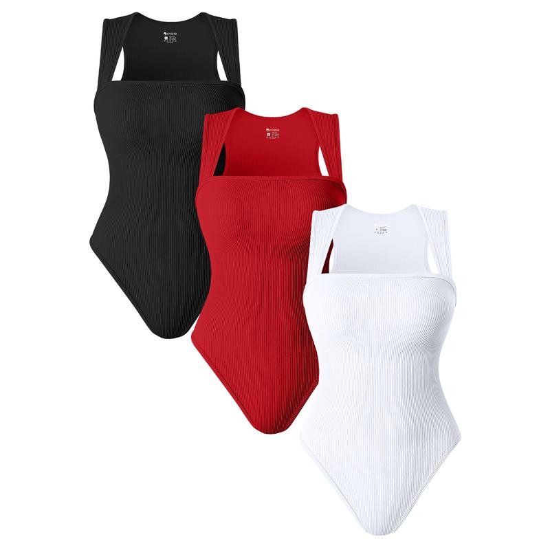 OQQfitness Womenswear 3 Piece Bodysuits Stretchy Underwear Sexy Ribbed Square Neck Sleeveless Stretchy Tank Tops Bodysuits Soft Lady