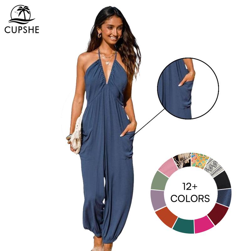 CUPSHE Women's Sleeveless Plunge Halter Wide Leg Jumpsuit - Adjustable Strap, Lightweight Rayon, Pockets, Tropical Print, Casual Fashion Jumpsuit, Stylish Women's Wear, Beach Outfits for Summer Resort Holiday #tiktokshopmemorialday