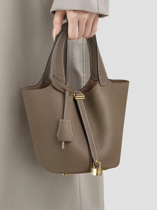 Women's Fashionable Plain Color Leather Handbag, Casual Versatile Handbag with Lock Design, Trendy All-match Purse for Daily Use, Leather Textured Handbag