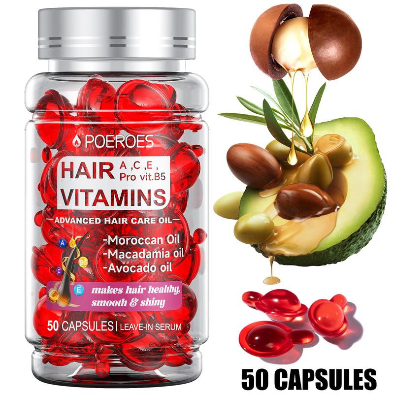 POEROES  50 Capsules Hair Oil With Argan Avocado & Moroccan  Oil - Hair Vitamins A C E Pro B5 - Hair Serum for Frizzy and Damaged Hair ï¼ Leave In Conditioner ï¼Conditioner for Women & Men ï¼ Haircare Shampoo Comfort Cleansing