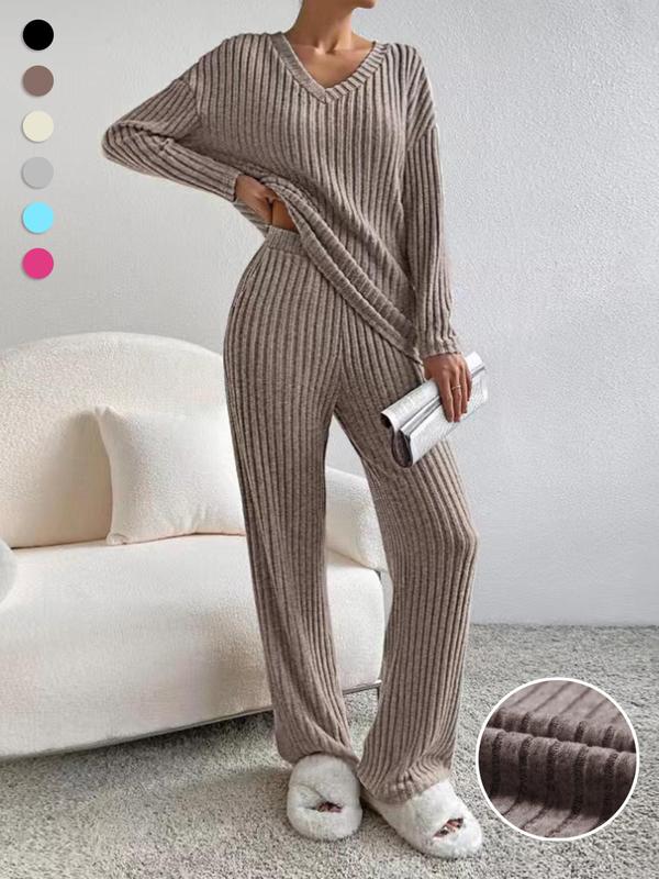 Women's Solid Drop Shoulder Pocket Loungewear Set, Casual Long Sleeve V Neck Top & Straight Leg Pants Two-piece Set, Women's Sleepwear Pajama Set for Spring & Fall