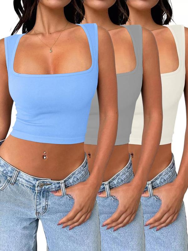 Women's Square Neck Sports Tank Top, Casual Comfort Sleeveless Crop Top for Tennis, Yoga Gym Athletic, Activewear, Casual Workout Tops, Solid Color Vest, Cropped Sports Vest
