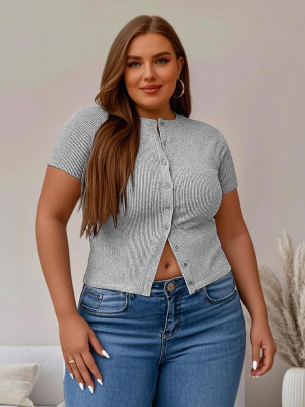 Plus Size Fitted Basic Solid Ribbed Short Sleeve Top, Casual Button Front Top for Summer, Women's Clothing for Daily Wear