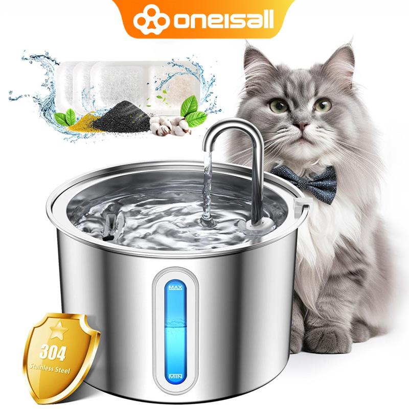 oneisall Cat Water Fountain with 3 Replacement Filters,304 Stainless Steel,  2L/67oz Automatic Water Fountain for Cats , Visual Water Level Window with LED,Gift for Pet